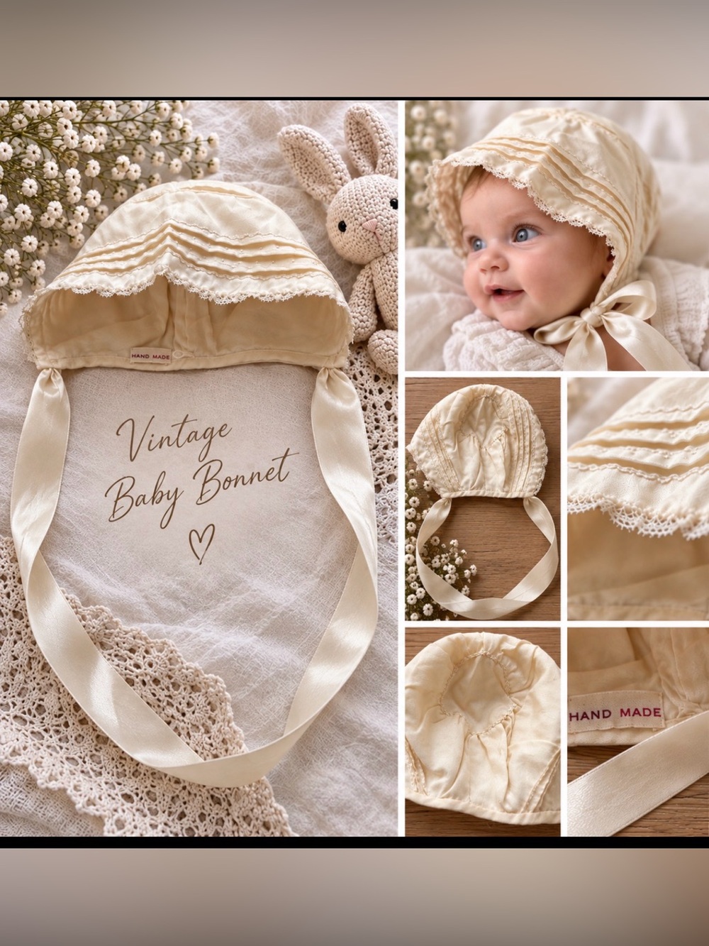 🔥VINTAGE Handmade Baby Bonnet - Cream DARLING! Price Firm!